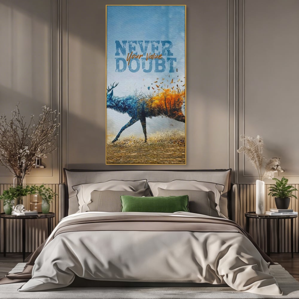 Tablou canvas cu tablou canvas cu cerb si padure, in rama de aluminiu auriu, pe perete intr-un dormitor